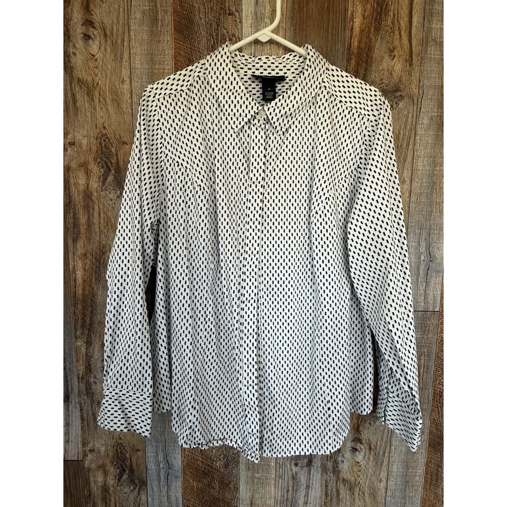 Lane Bryant Womens Sz 22 Black White Printed Button Front Blouse Stretch Cotton